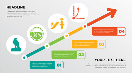 falcon, ambition, unemployment growing horizontal presentation design template in green, red and yellow, grow up business infographics with icons