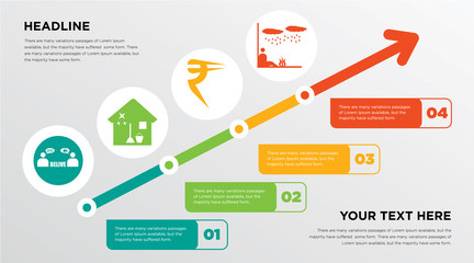Poster - believe, house cleaning, rupees, survival growing horizontal presentation design template in green, red and yellow, grow up business infographics with icons