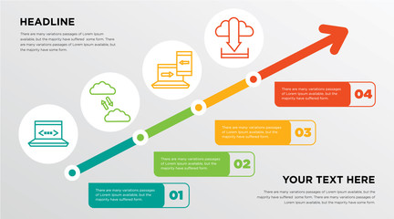 Poster - programming on laptop,, Database mirroring, Data migration laptop mobile, Cloud sync with local pc growing horizontal presentation design template in green, red and yellow, grow up business