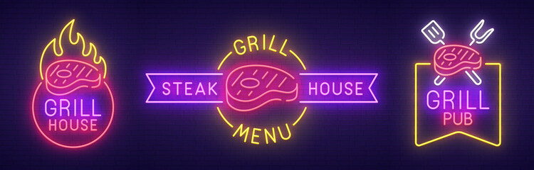 Big set neon sing. Grill house label and logo. Grill pub banner, logo, emblem and label. Bright signboard, light banner. Vector illustration