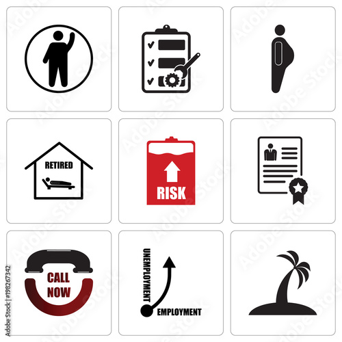 Stampe Set Of 9 simple editable icons such as palm tree flat, unemployment, call now, p