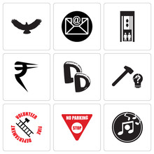 Set Of 9 Simple Editable Icons Such As Music, No Parking, Volunteer Fire Department, Problem Solving, Double D, Rupees, Elevator, Email, Hawk, Can Be Used For Mobile, Web UI