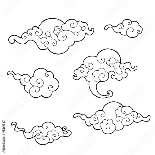 Fotografia, Obraz oriental cloud ornament clip art design with pen drawing line set vector