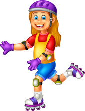 Funny Girl Cartoon Running Using Roller Skates With Smile And Waving