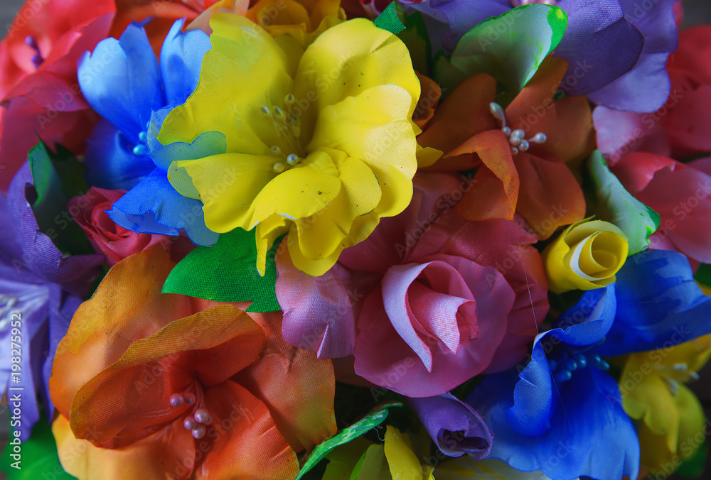 bright bouquet of flowers made of fabric and paper, rich colors - obrazy, fototapety, plakaty 