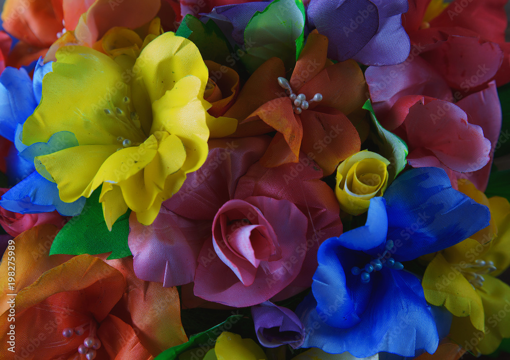 bright bouquet of flowers made of fabric and paper, rich colors - obrazy, fototapety, plakaty 