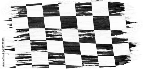 Fotografie, Obraz Closeup of art brush watercolor painting checkered black and white racing flag blown in the wind isolated on white
