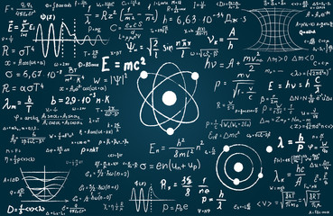 blackboard inscribed with scientific formulas and calculations in physics and mathematics. can illus