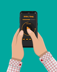 Poster - Hand holds smartphone with music player.
