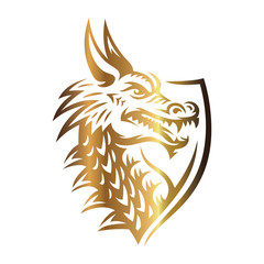Wall Mural - gold vector head of a dragon in the form of a shield illustration, print, emblem design on a white b