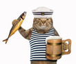 The cat sailor holds a mug of beer and a big smoked mackerel. White background.