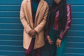 Wall Mural - cropped shot of stylish african american couple in fashionable jacket and overcoat