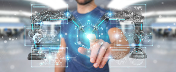 Poster - businessman using robotics arms with digital screen 3d rendering