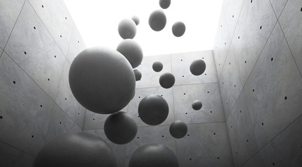 Aufkleber - Abstract of architecture space with cement sphere ball are falling to the ground and light and shadow of the sun,3D render