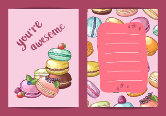 Wall Mural - Vector birthday card template with colored hand drawn macaroons