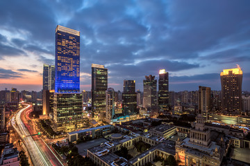  Modern city skyline and cityscape at sunset	