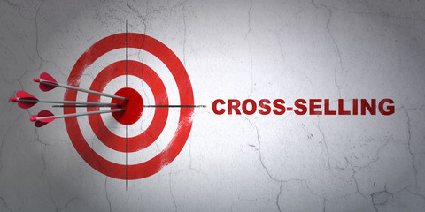 Success business concept: arrows hitting the center of target, Red Cross-Selling on wall background, 3D rendering