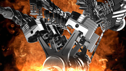 Aufkleber - 3D model of a working V8 engine with explosions and flames. Pistons, camshaft, valves and other mechanical parts are in motion.