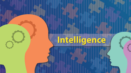 Poster - intelligence concept with human head and gear works as brain and puzzle as background
