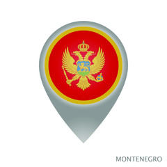 Canvas Print - Map pointer with flag of Montenegro. Gray abstract map icon. Vector Illustration.