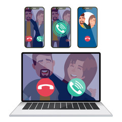 Poster - IP Telephony Vector. Laptop Display Screen Mobile Smartphone. Receiving Incoming Call. Calling Service Application. Digital Video Conversation. Friends Communication. Voice Over IP. Illustration