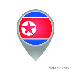 Wall Mural - Map pointer with flag of North Korea. Gray abstract map icon. Vector Illustration.