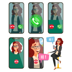 Poster - Online Call Vector. Woman Face. Mobile Screen. Video, Voice Chatting Online. Speaking. Calling Application Interface. On-line Chat App. Communication. Bubble Speeches. Wireless Talking. Illustration