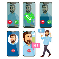 Poster - Online Call Vector. Man Face. Mobile Smartphone Screen. Video, Voice Chatting Online. Speaking. Calling Application Interface. On-line Chat App. Communication. Wireless Talking. Illustration