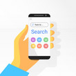 © dmutrojarmolinua - Internet search on smartphone in hand. Search text: how to. Mobile web surfing, find websites, information. searching engine icons, elements. Modern flat vector