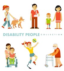 Disability people set in different situations. Young and elderly disabled persons - blind, in wheelchair, with prosthesis, walker isolated on white background