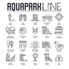  Set of different line-drawn icons dedicated to aquapark theme. Layout modern vector background illustration design concept