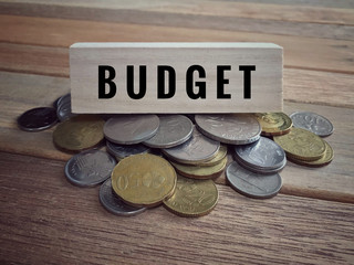 Conceptual - ‘BUDGET’ word written on wooden block on top of a coins pile. With vintage styled background.