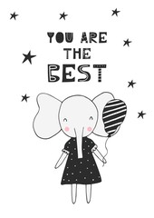  You are the best - cute hand drawn nursery birthday poster with bear and cut out lettering in scandinavian style.