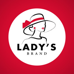 Wall Mural - vector artistic logo with hand drawn lady in hat portrait isolated on white background. outline draw