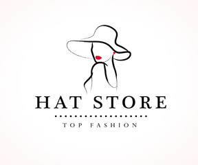 Wall Mural - vector artistic logo with hand drawn lady in hat portrait isolated on white background. outline draw
