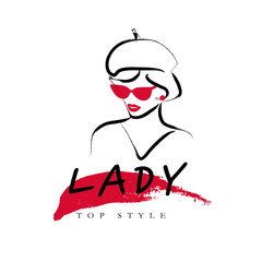 Wall Mural - vector artistic logo with hand drawn lady in hat portrait isolated on white background. outline draw