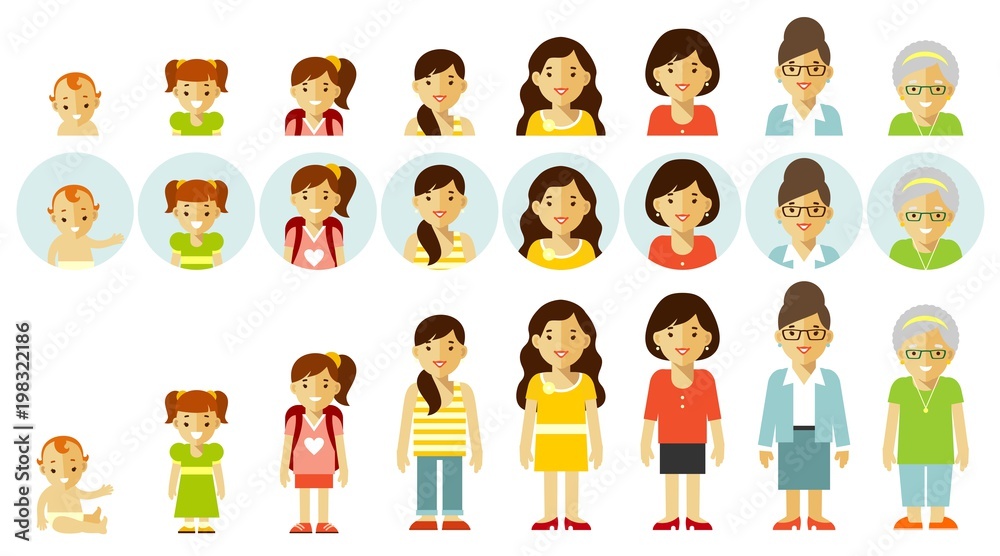 Set of people generations at different ages. Woman aging - baby, child ...