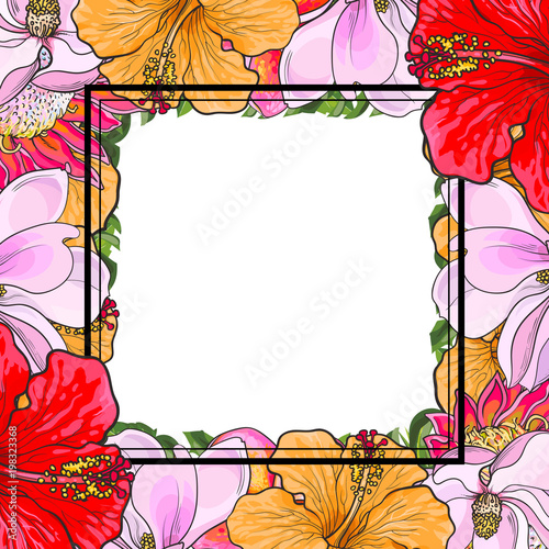 Tropical flowers square frame in sketch style isolated on white background. H...