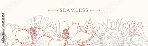 Materiał do szycia Tropikalne kwiaty granicy wzór w stylu szkic na białym tle - ręcznie narysowane egzotyczne kwiaty hibiskusa, protea, magnolia i plumeria z kolorowych linii konturu. Ilustracja wektorowa.