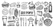 Hand Drawn Vector Illustrations. BBQ Collection. Barbeque Design Elements In Sketch Style. Fast Food.  Perfect For Menu, Prints, Packing, Leaflets, Advertising