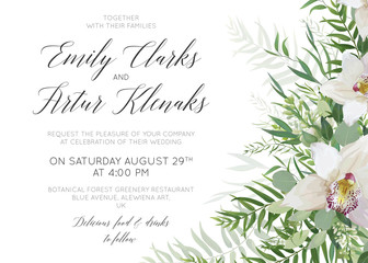 Wall Mural - Wedding invite save the date card delicate design with white orchid flowers, greenery eucalyptus branches, tropical forest palm green leaves decoration. Delicate vector art greeting, postcard template