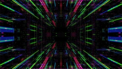 Wall Mural - Abstract digital matrix particles grid virtual reality abstract cyber space science and technology background. Futuristic monitor with code and information hologram. 3D render 4K loop.