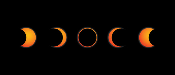 sequence in 5 steps of an solar annular eclipse on black background. vector image