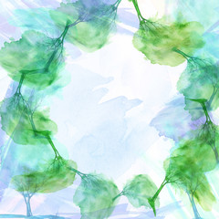 Watercolor blue, green background, blot, blob, splash.  blue, green trees, spring, cherry blossom.Watercolor blue  spot, abstraction. A beautiful, stylish postcard.  Wind, hurricane.