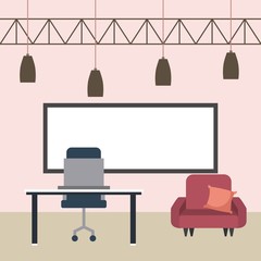 Canvas Print - workspace interior - desk laptop chair sofa board and lamps vector illustration