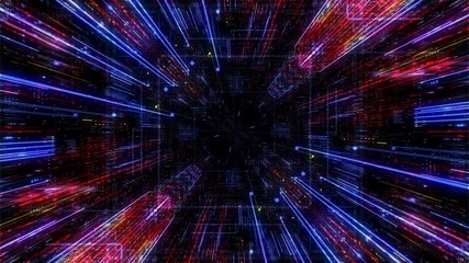 Poster - Abstract digital abstract virtual city. Scanning city for hackers attack concept. Software developer, programming, binary computer code with technology and connection concept. 3D render 4K loop