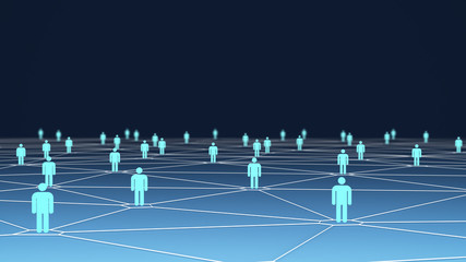 Poster - Large group of people symbols with connection lines on blue background, social network for technology concept, 3d illustration