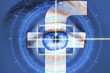 RISHON LE ZION, ISRAEL- MARCH 28, 2018: The eye looks through the logo of Facebook. Eye with digital circle. Futuristic vision science and identification concept.