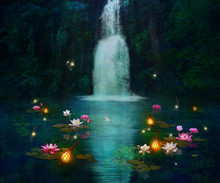 Waterfall And Lilies