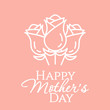 Line white roses bouquet with leaves isolated on pink pastel background-minimalistic mothers day congratulation card.